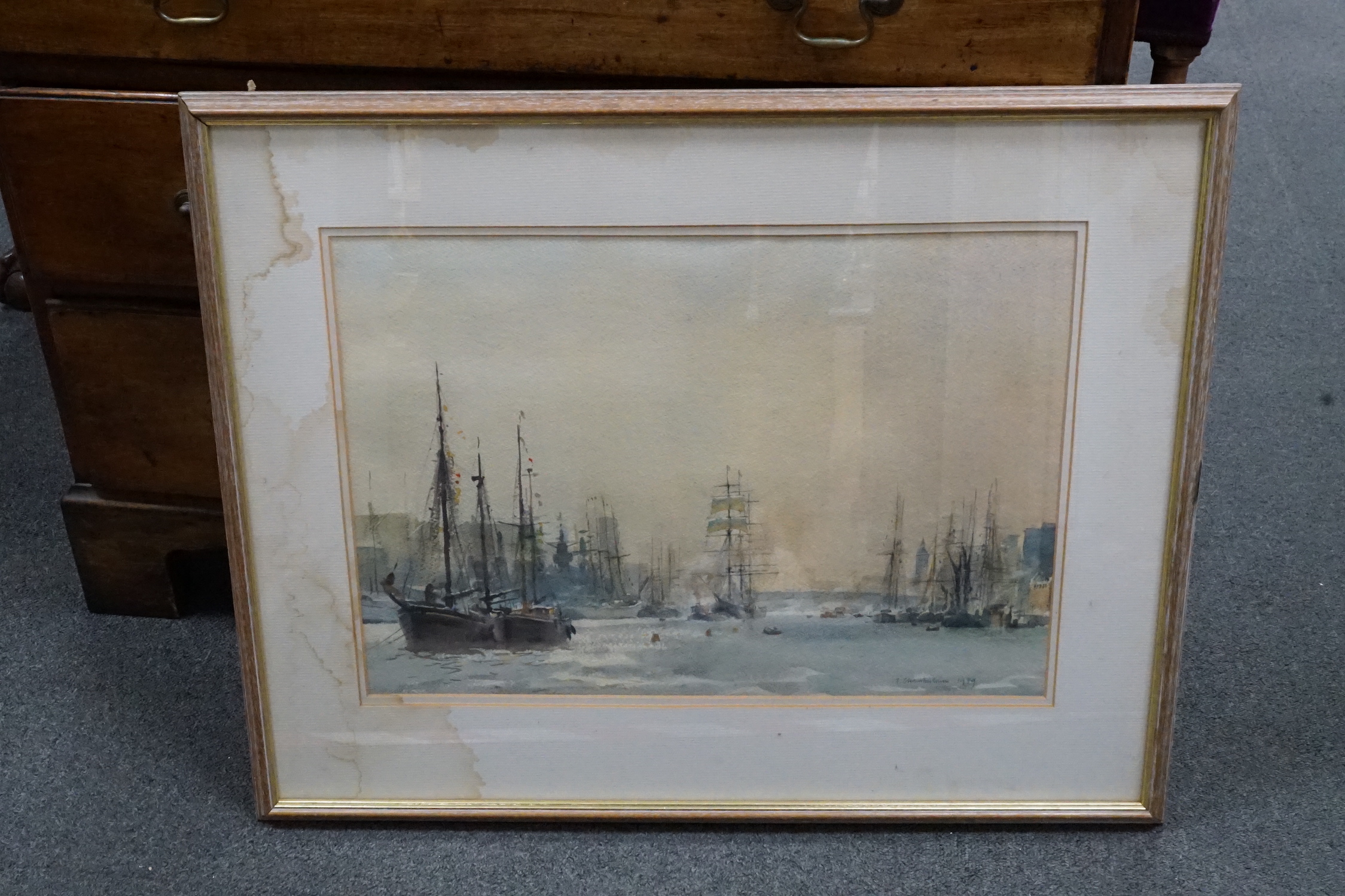 Trevor Chamberlain ROI RSMA (b.1933), watercolour, 'Shipping on the Thames', signed and dated 1989, 34 x 49cm